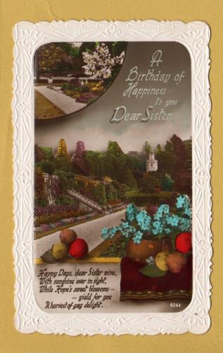 `A Birthday of Happiness to you Dear Sister` - Postally Unused (although message written to rear) - Producer Unknown Postcard.