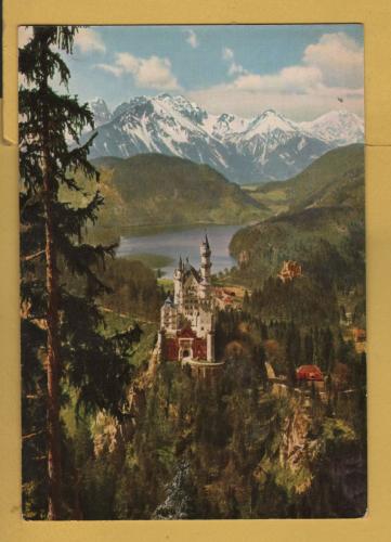 `Konigsschloss Neuschwanstein with Hohenschwangau, Alpsee and Tyrolean High Mountains` - Postally Unused - Franz Milz Postcard.