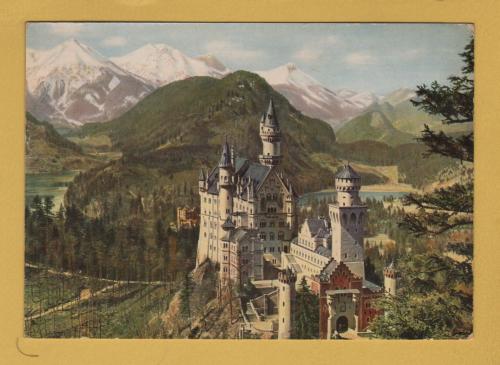 `Konigsschloss Neuschwanstein with Hohenschwangau, Alpsee, Schwansee and Tyrolean High Mountains` - Postally Used-1960 - Franz Milz Postcard.