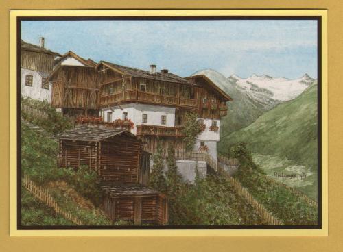 `Austria - `Mountain Farms with Zuckerhuti, 3507m and Stubai Glacier by Rene Rietmeyer` - Postally Unused - Rene Rietmeyer Postcard.