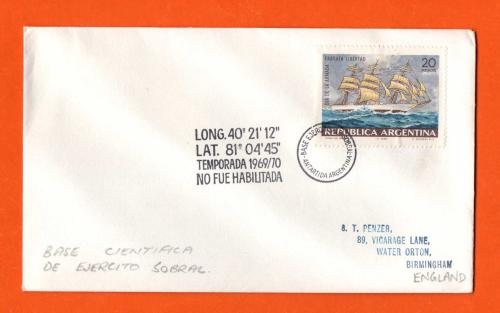 Argentine Antarctic - Base Ejercito De Sobral - Long/Lat Postmark - Single Frigate `Libertad` Stamp