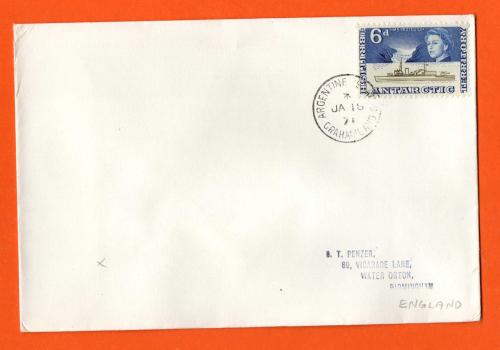 British Antarctic Territory Cover - `Argentine Islands - January 19th 1971 - Grahamland` - Postmark - 6d Arctic Research Stamp