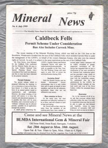Mineral News - July 1999 - No.6 - `English Nature: Position Statement on Fossil Collecting` - W.A.Bolton BSc. P.G.C.E.