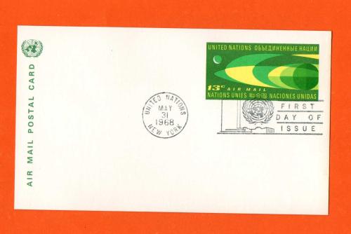 Air Mail Postal Card - FDI - 31st May 1968 - `United Nations - New York` - Postmark - 13 Cent Pre-Printed Stamp 