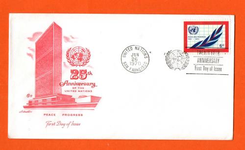 25th Anniversary Of The United Nations - FDC - `United Nations Jun 26 1970 New York` - Postmark - `Twenty Fifth Anniversary First day Of Issue`