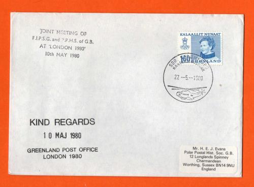 Greenland - `SDR Stromfjord - 22-5-1980` - Postmark - 80 Ore Queen Margrethe II Stamp - `Joint Meeting Of F.I.P.S.G and P.P.H.S of G.B. At London 1980`