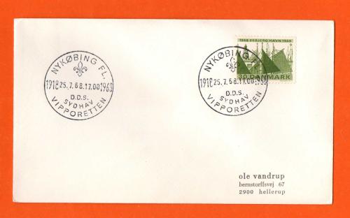 50th Anniversary of Danish Scout Camping Postmark - `Nykobing FL 1918-1968 - 25 7 66 - 17.00 D.D.S Sydhav - Vipporetten` - Postmark 