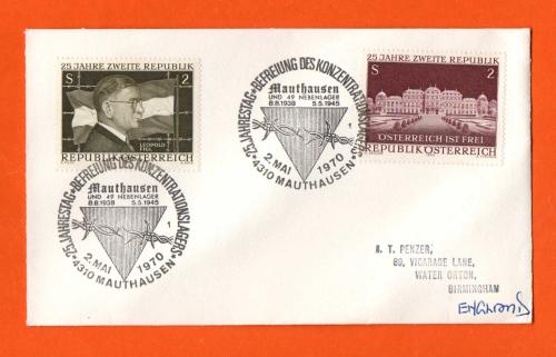 Independent Cover - `25 Jahrestag.Befreiung Des Konzentrationslagers.Mauthausen und 49 Nebenlager 8.8.1938-5.5.1945 - 2.Mai 1970.` Postmark - 2x 2S 25th Anniversary of the Second Republic of Austria Stamps from 1970