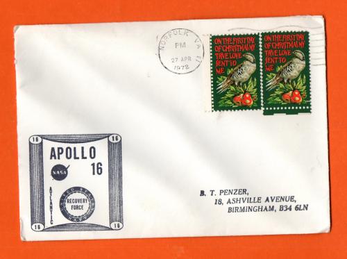 Naval Space Cover - `Norfolk VA 27 April 1972` Postmark - 1971 2x 8c Christmas Issue Stamps - Apollo16 Recovery Force Cachet