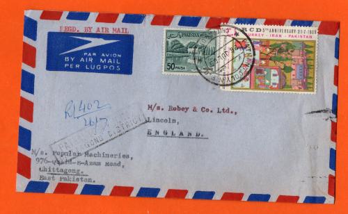 Airmail Envelope - `Pathantooly N.R.O 26 JUL 69 Chittagong` Postmark + Frank - 1961 50paisa Local Motives & 1969 1r 5th Anniversary of RCD Stamps