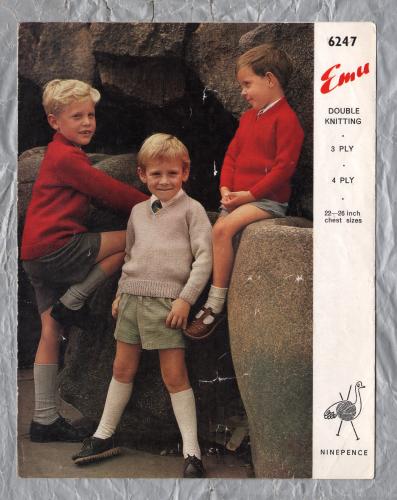 Emu - Double Knitting - 3 Ply - 4 Ply - Chest Sizes 22 to 26" - Design No.6247 - Boy`s Classic V Neck Sweater - Knitting Pattern