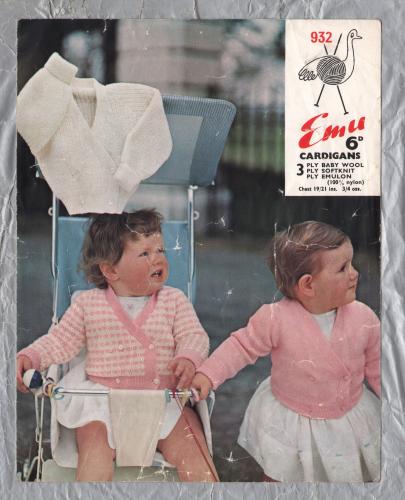 Emu - 3/4 oz - Chest Size 19/21" - Design No.932 - Babies` Cardigans - Knitting Pattern