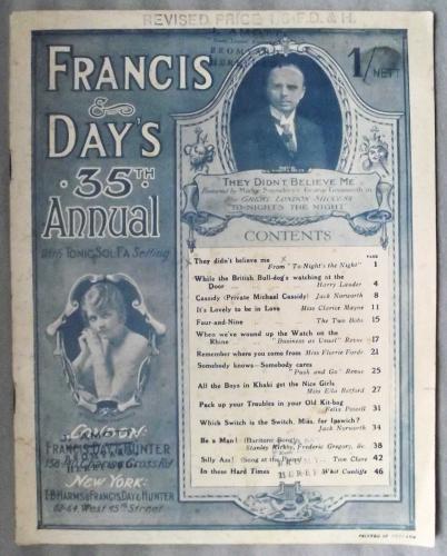 `Francis & Days 35th Annual` - With Tonic Sol-Fa Setting - c1915 - Various Composers - Published by Francis, Day & Hunter Ltd., London
