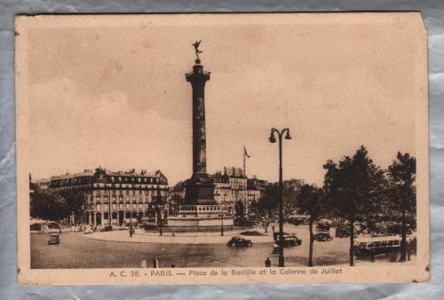 `A.C. 38 - Paris - Place de la Bastille et la Colonne de Juilliet` - Postally Used - Paris XVII Avenue De Wagram 28th August 1937 - L`Abeille Postcard