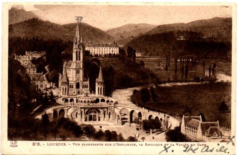 `815 - Lourdes - Vue Plongeante Sur L`Esplanade, La Basilique Et La Vallee Du Gave` - Postally Used - Cardiff 7th June 1933 Postmark - L.F Toulouse Postcard.