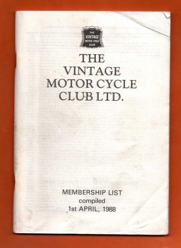 `The Vintage Motor Cycle Club` - List of Members 1988 - Published by The Vintage Motor Cycle Club