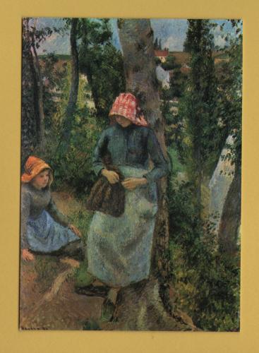 `Deux Jeunes Paysannes Cousant Sous Les Arbres Pontoise - Camille Pissarro` - Postally Unused - The Medici Society Ltd Postcard.