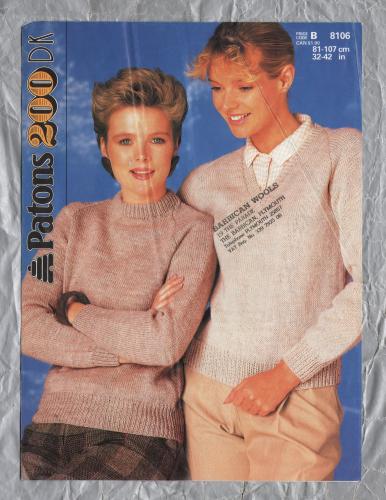 Patons - Double Knitting - Bust Sizes 81-107cm/32" to 42" - Design No.B8106 - Lady`s Crew and V Neck Sweaters - Knitting Pattern
