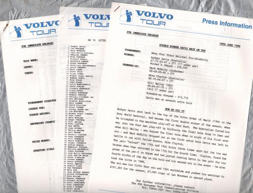 Volvo Tour - PGA European Tour - Rapid Golf Line etc - `Various Press Information Leading Up To and Including Tournaments` - 1989-1990