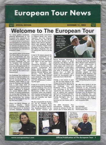 European Tour News - Special Edition - December 15th 2003 - `Welcome To The European Tour` - Published by PGA European tour