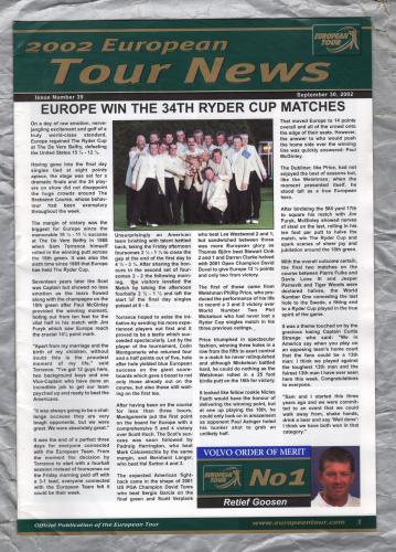 European Tour News - No.39 - September 30th 2002 - `Europe Win The 34th Ryder Cup Matches` - Published by PGA European tour