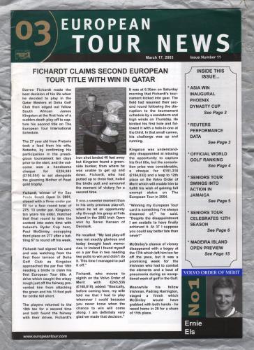 European Tour News - No.11 - March 17th 2003 - `Fichardt Claims Second European Tour Title With Win In Qatar` - Published by PGA European Tour