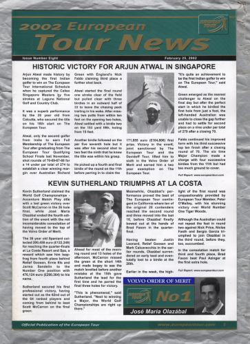 European Tour News - No.8 - February 25th 2002 - `Historic Victory For Arjun Atwal In Singapore` - Published by PGA European Tour
