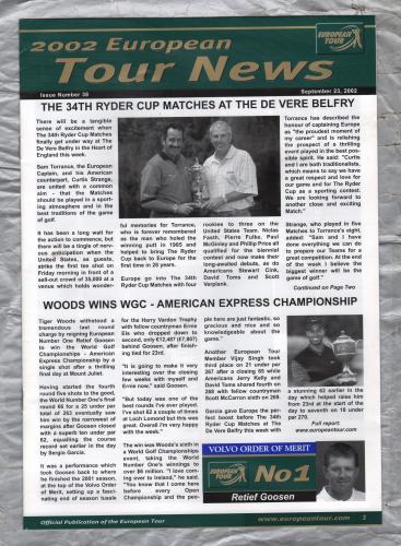 European Tour News - No.38 - September 23rd 2002 - `34th Ryder Cup Matches At The De Vere Belfry` - Published by PGA European Tour
