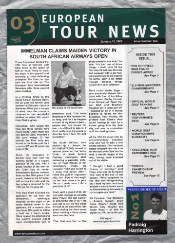 European Tour News - No.2 - January 13th 2003 - `Immelman Claims Maiden Victory In South African Airways Open` - Published by PGA European Tour