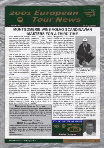 European Tour News - No.30 - August 6th 2001 - `Montgomerie Wins Volvo Scandinavian Masters` - Published by PGA European Tour