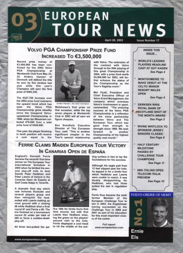 European Tour News - No.17 - April 28th 2003 - `60th Italian Open Telecom Italia Preview` - Published by PGA European Tour