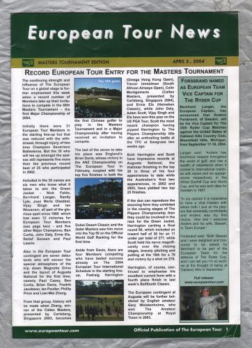 European Tour News - Masters Tournament Edition - April 5th 2004 - `Record European Tour Entry For The Masters Tournament` - Published by PGA European Tour