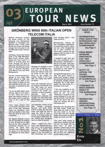 European Tour News - No.18 - May 6th 2003 - `Gronberg Wins 60th Italian Open Telecom Italia` - Published by PGA European Tour