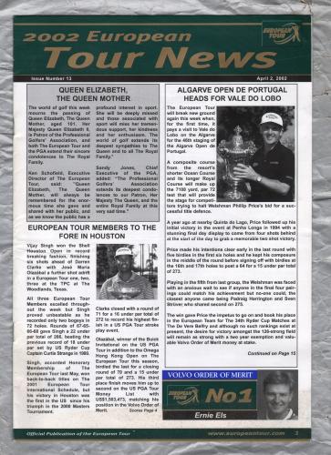 European Tour News - No.13 - April 2nd 2002 - `European Tour Members To Fore In Houston` - Published by PGA European Tour