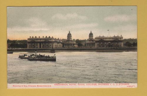 `Greenwich, Royal Naval College, Showing L.C.C. Steamer` - Postally Unused - Manning & Son Postcard