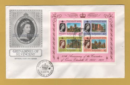 The Grenadines of St Vincent - Miniature Sheet - FDC -  2nd June 1978 - `Coronation - 25th Anniversary` Issue - Unaddressed First Day Cover