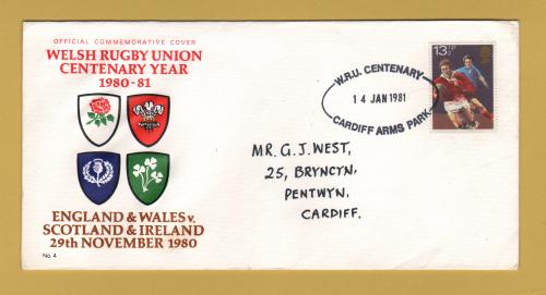 Welsh Rugby Union Centenary Year 1980-81 - 14th January 1981 - `13 1/2p Sport` Issue - Addressed Commemorative Cover