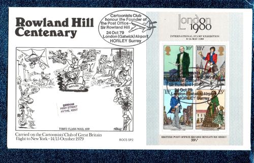 Benham - FDC - 24th October 1979 - `Roland Hill Centenary - Cartoonist Club of Great Britain` Miniature Sheet Cover - BOCS (SP)2 - First Day Cover