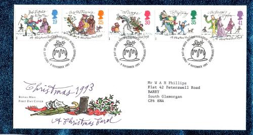 Royal Mail - FDC - 9th November 1993 - `Christmas 1993 - A Christmas Carol` Cover - Addressed First Day Cover