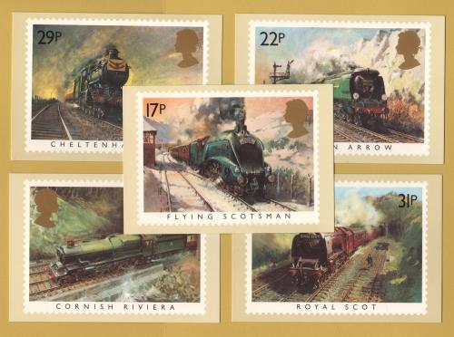 U.K - PHQ Cards - 81 Set - Issued 22nd January 1985 - 5 Stamp Cards - Trains Issue - Unused