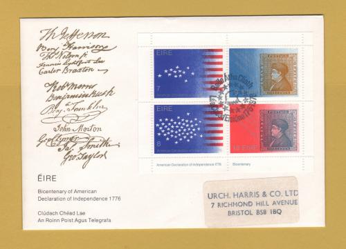 Eire - Minisheet FDC - 17th May 1976 - `200th Anniversary of the American Declaration of Independence` Cover - First Day Cover