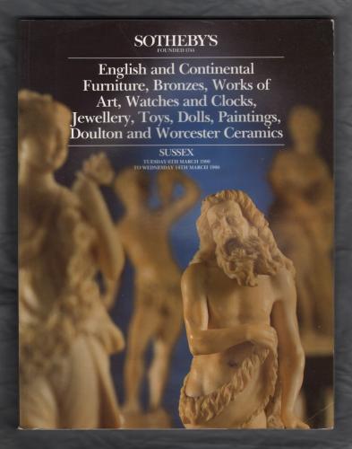Sotheby`s Auction Catalogue - `English and Continental Furniture, Bronzes, Works of Art, Watches and Clocks, Jewellery etc` - Sussex - Tuesday 6th March to Wednesday 14th March 1990 
