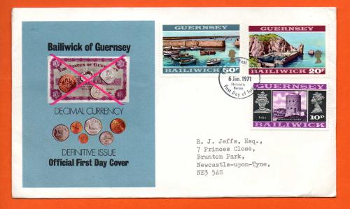 Bailiwick Of Guernsey - FDC - 1971 - Decimal Currency - Definitive Issue - 50p/20p/10p Stamps