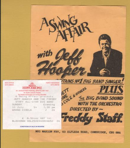 `A Swing Affair with Jeff Hooper` - Music Flyer with Ticket Stub - Sunday, 10th July 1994 - Colston Hall, Bristol
