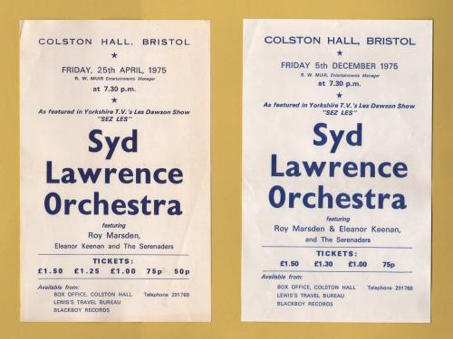`Syd Lawrence Orchestra` - x2 Music Flyers - Fri, 25th April 1975 & Fri, 5th December 1975 - Both For Colston Hall, Bristol