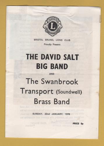 Bristol Brunel Lions Club - `The David Salt Big Band and The Swanbrook Transport (Soundwell) Brass Band` - With Ticket Stub - Sun 22nd January 1978 - Programme - Colston Hall, Bristol