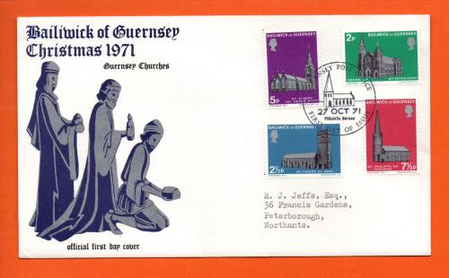 Bailiwick Of Guernsey - FDC - 1971 - Christmas - Official First Day Cover - Guernsey Churches