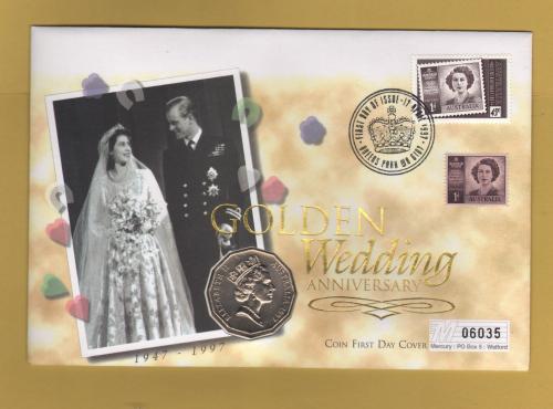 Westminster/Mercury - 17th April 1997 - `H.M Queen Elizabeth ll Golden Wedding Anniversary` - Australian Coin/Stamp FDC