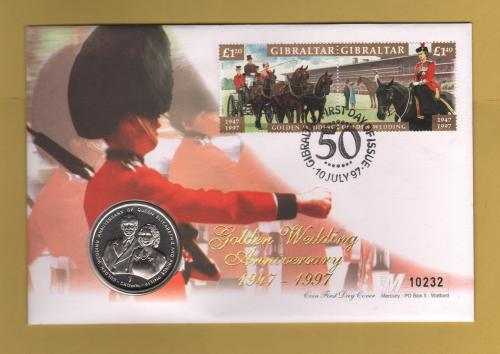 Westminster/Mercury - 10th July 1997 - `H.M Queen Elizabeth ll Golden Wedding Anniversary` - Gibraltar Coin/Stamp FDC
