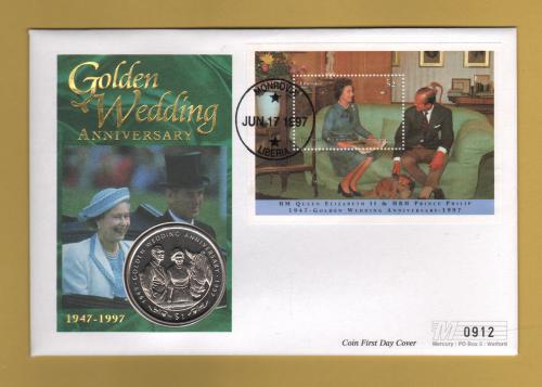 Westminster/Mercury - 17th June 1997 - `H.M Queen Elizabeth ll Golden Wedding Anniversary` - Liberia Coin/Mini Sheet Stamp FDC